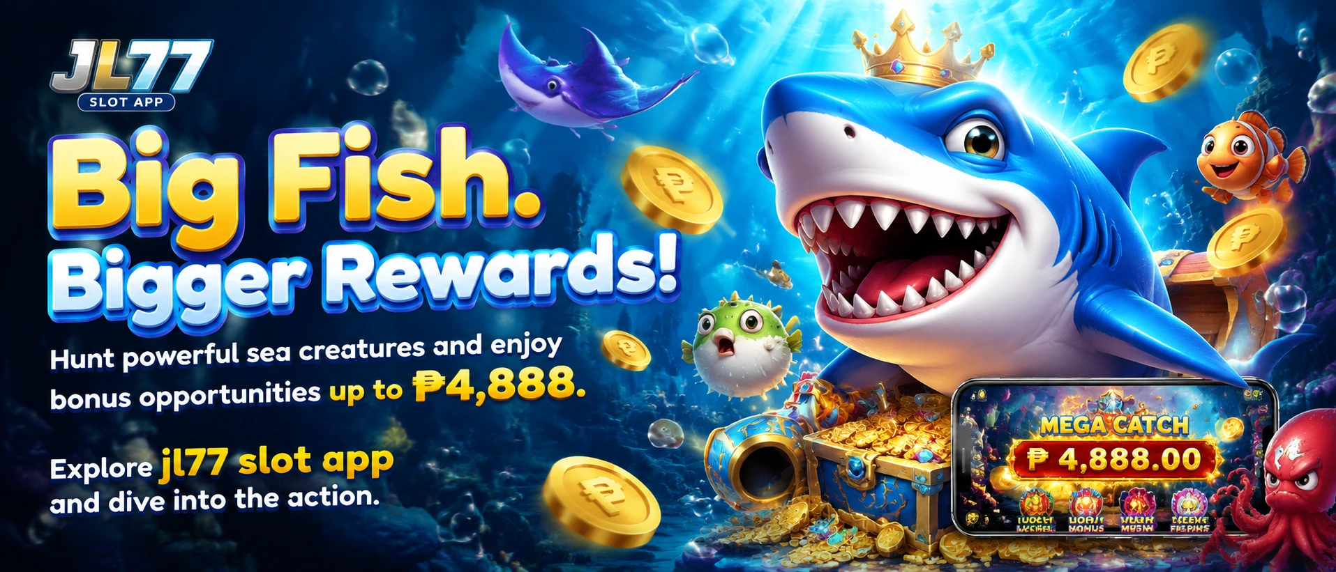 JL77 fishing game banner showing an arcade-style fish room